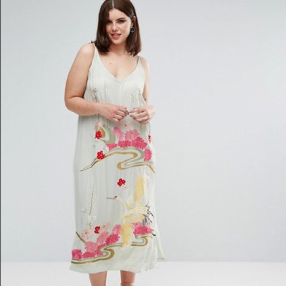 ASOS Midi Embroidered Crane Dress NWT
